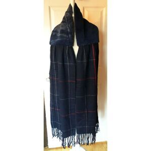 Long Navy Faux Fur Plaid Scarf with Fringe